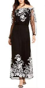 16 - INC black & white off the shoulder embroidered maxi dress