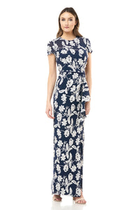 js collections navy & white embroidered gown