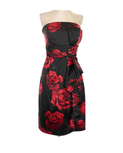 whbm black & red strapless rose cocktail dress