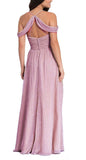 10 - kleinfeld pink & gold metallic stripe cold shoulder maxi dress