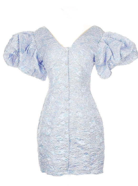 XS - ssb blue puff sleeve jacquard mini dress
