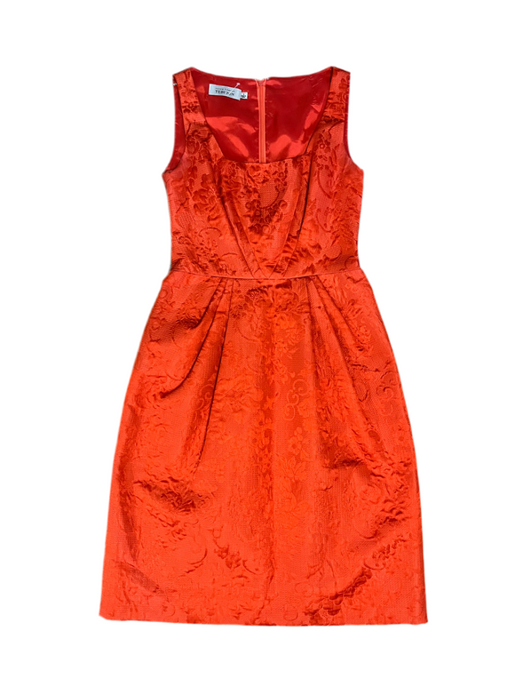 6 - teri jon orange/red sleeveless jacquard dress
