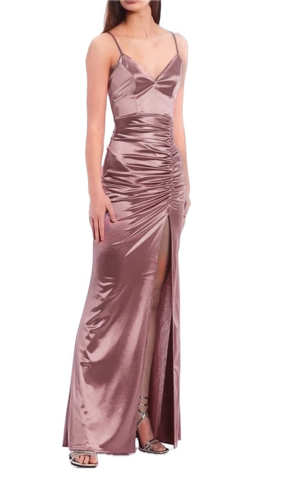 L - emerald sundae pink ruched satin gown