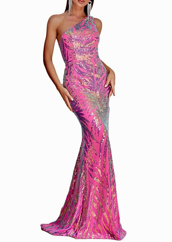 M - ssb hot pink iridescent sequin one shoulder gown