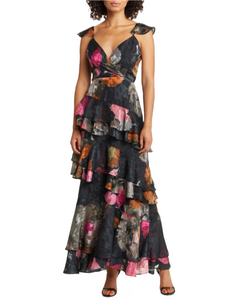 10 - anthropologie black floral ruffle maxi gown*