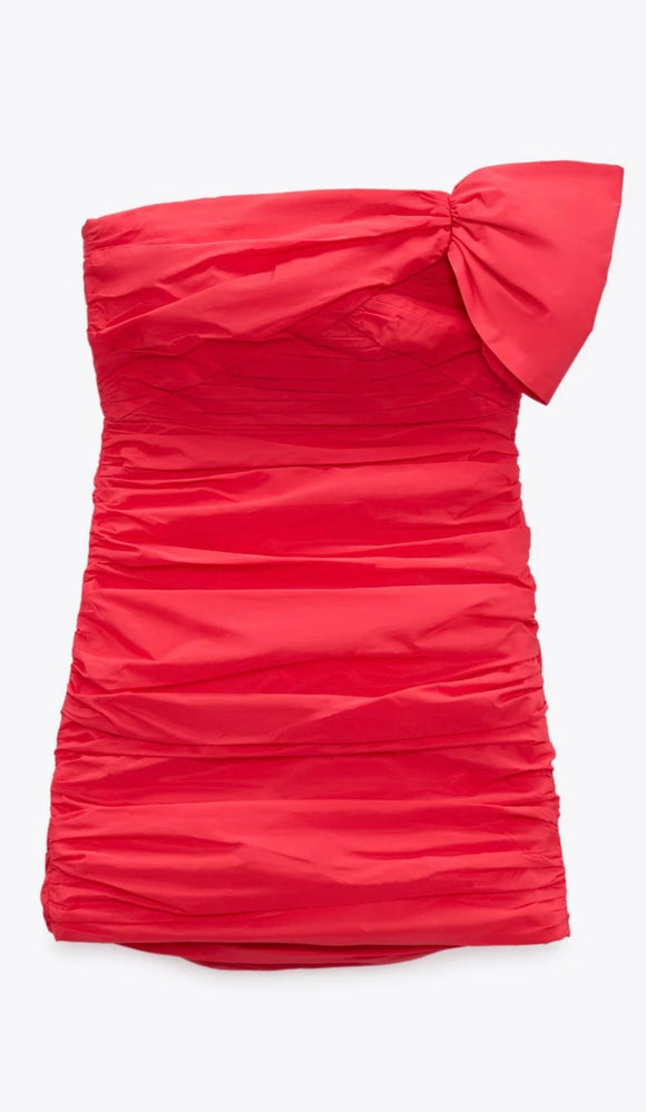 M - zara strawberry red strapless ruched mini dress