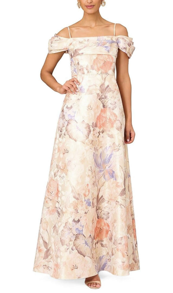 aidan mattox champagne metallic floral ball gown
