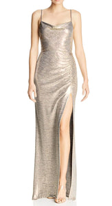 12 - avery g champagne metallic cowl neck gown