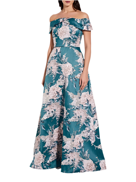 4 - adrianna papell teal off the shoulder floral jacquard gown