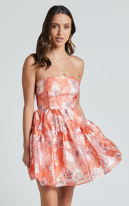 8 - orange strapless floral jacquard mini dress