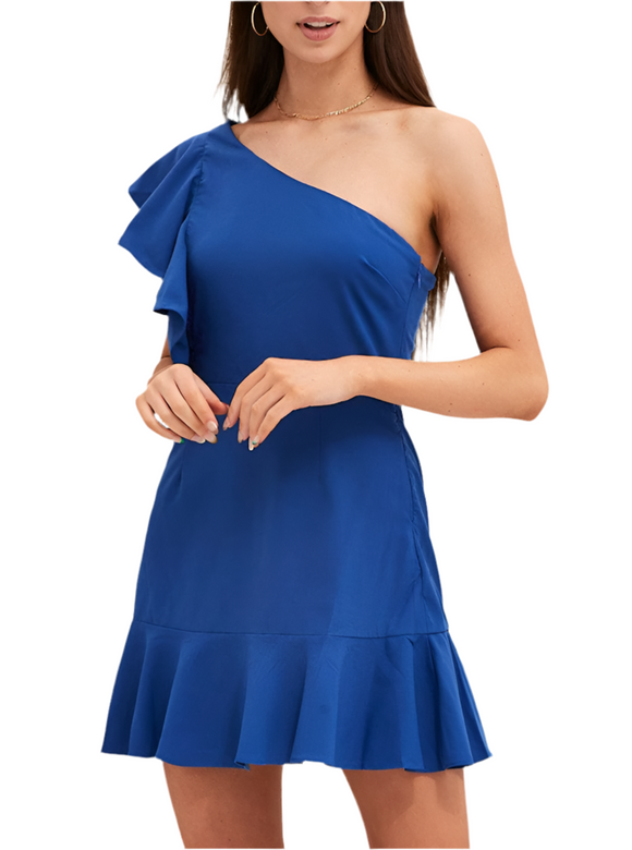 jade blue one shoulder ruffle dress