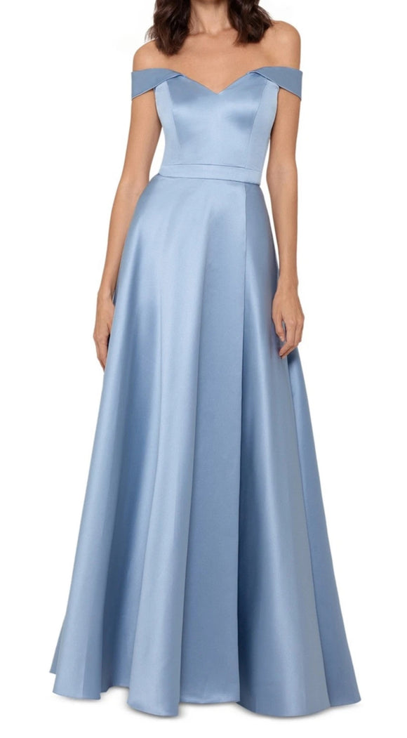 4 - xscape dusty blue satin ball gown