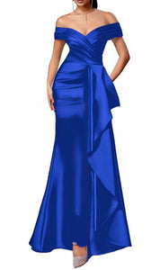 ssb cobalt blue off the shoulder ball gown with draped overskirt