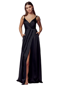 ssb black faux wrap satin gown