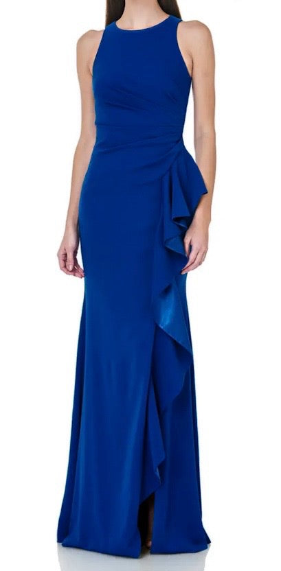 carmen marc valvo infusion royal blue cascading satin trim ruffle gown