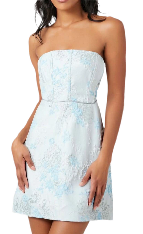 XS - ssb light blue floral jacquard strapless mini dress
