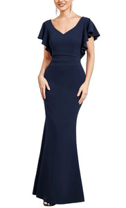 L - ssb navy flutter sleeve formal gown