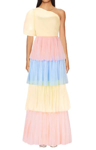 M - ssb tiered rainbow tulle one shoulder gown