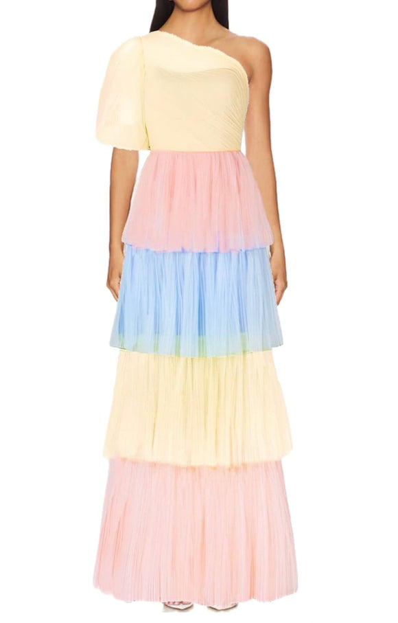 M - ssb tiered rainbow tulle one shoulder gown