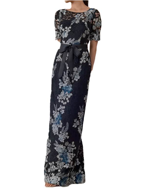 12 - adrianna papell blue floral embroidered gown