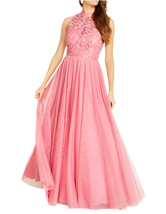 city studio pink embroidered high neck tulle ball gown