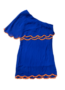 alma mater blue & orange one shoulder game day dress