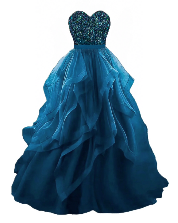 ssb teal strapless beaded bodice layered organza gown