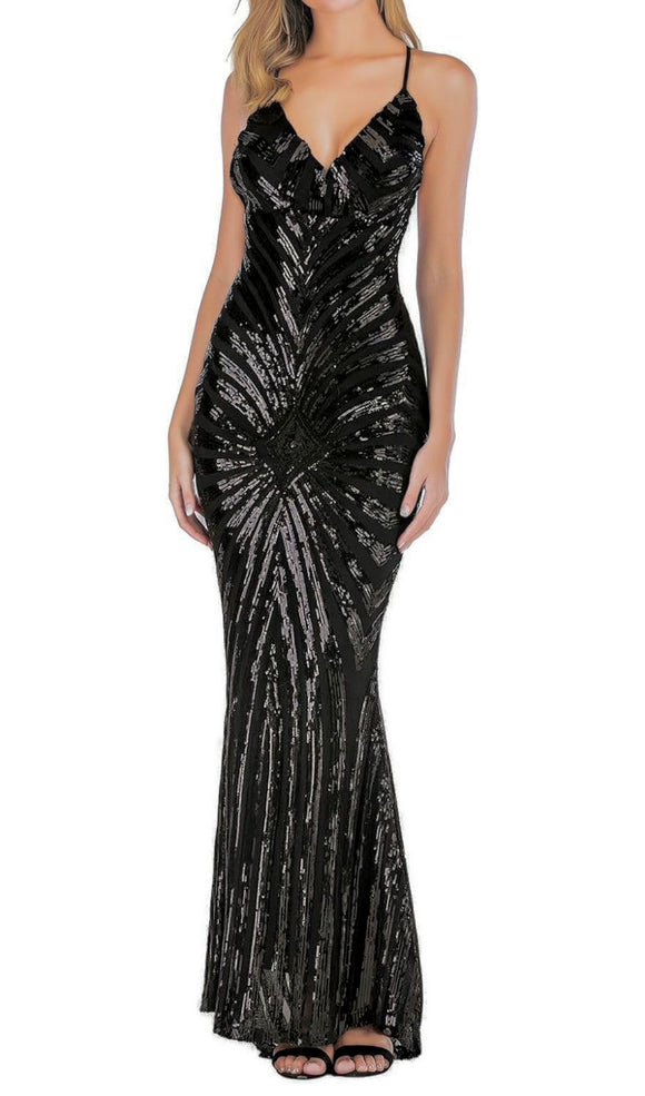 S - ssb black geometric patterned sequin gown