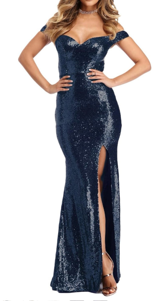 6 - ssb navy off the shoulder sequin gown