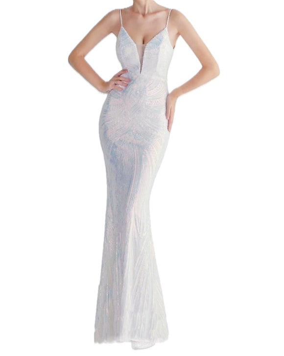 XL - ssb white iridescent fitted sequin gown