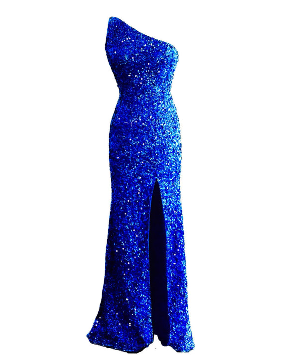 10 - ssb royal blue one shoulder strappy back sequin gown