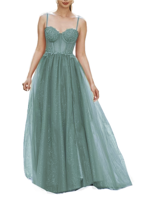 8 - ssb muted green glitter tulle corset gown