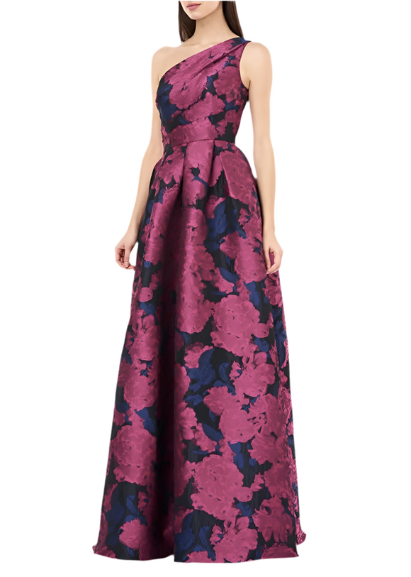 10 - carmen marc valvo pink one shoulder floral brocade gown