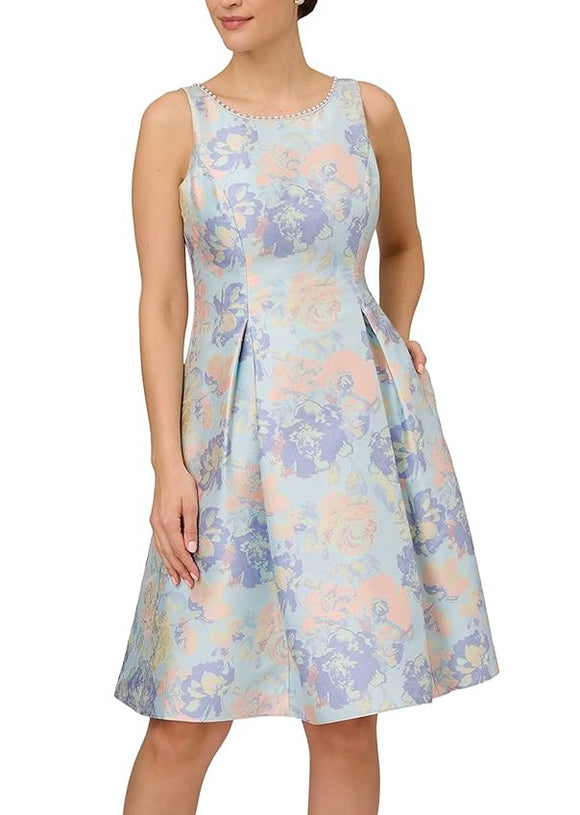 adrianna papell light blue floral pearl trim dress 
