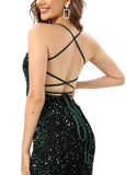 14 - ssb dark green strappy back sequin gown