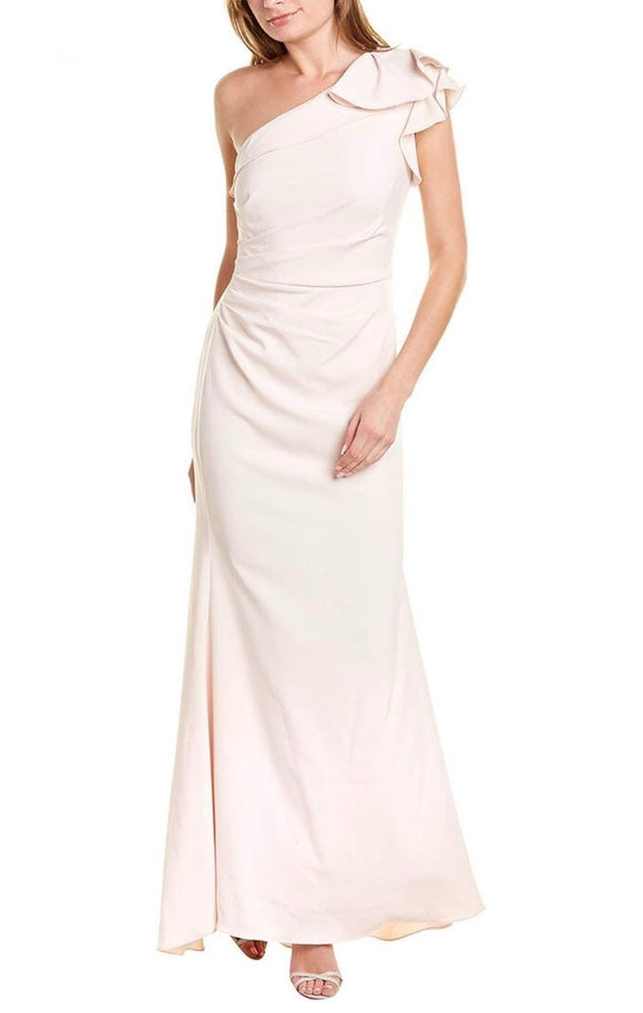 carmen marc valvo blush pink one shoulder ruffle gown