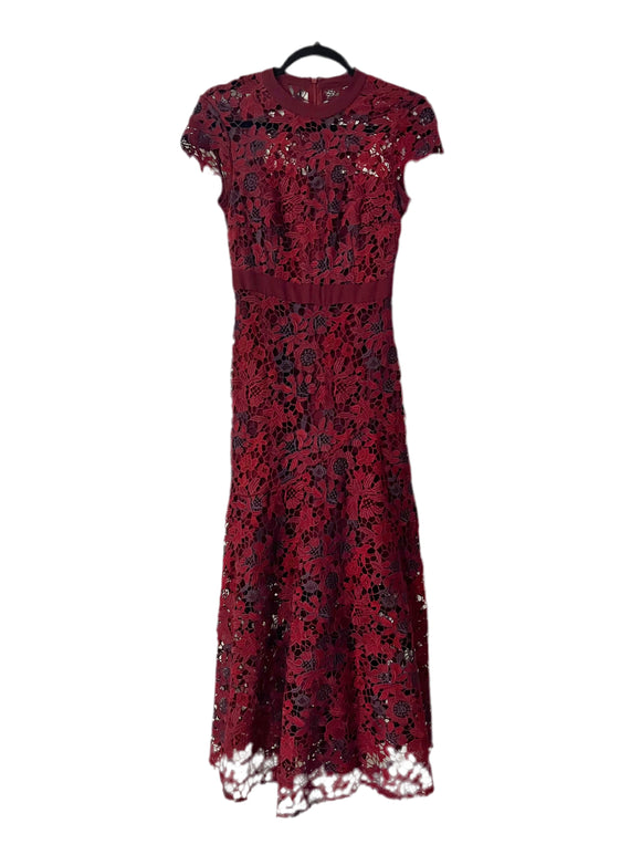 0 - tahari burgundy lace cap sleeve midi dress