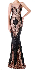 S - ssb black & gold patterned sequin fitted gown