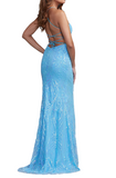 aqua blue iridescent sequin strappy gown
