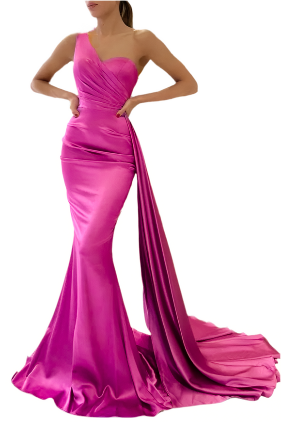 12 - ssb pink one shoulder satin gown with drape