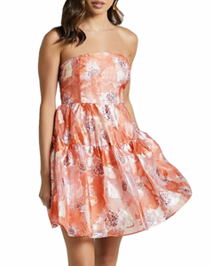 8 - orange strapless floral jacquard mini dress
