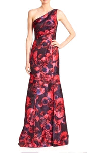 2 - david meister red one shoulder floral jacquard ball gown