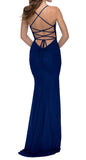 10 - xscape navy blue strappy ruched stretch satin gown