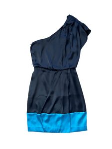 french connection one shoulder navy and turquoise satin dress