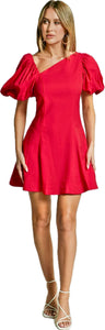 showpo red puff sleeve asymmetrical dress