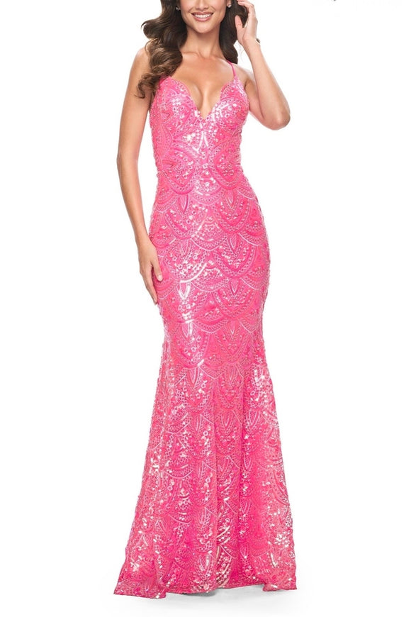 8 - la femme hot pink patterned sequin mermaid gown