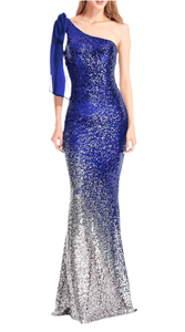 XL - ssb blue & silver one shoulder sequin shoulder tie gown