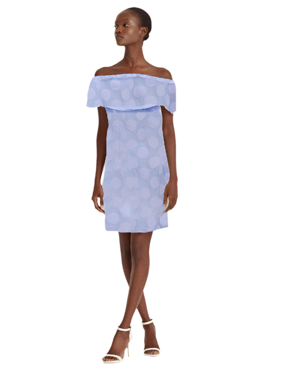 XXS - sail to sable blue off the shoulder polka dot dress