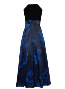 aidan mattox black & blue strapless floral gown