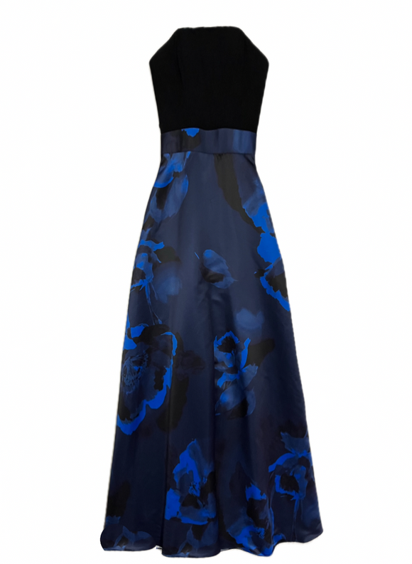 aidan mattox black & blue strapless floral gown